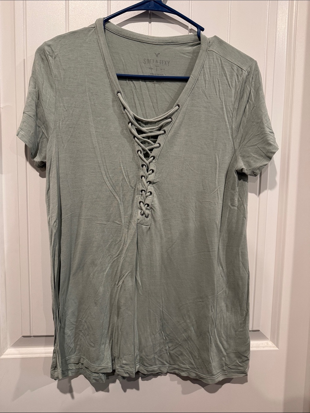 Sage Lace-Up V-Neck Tee